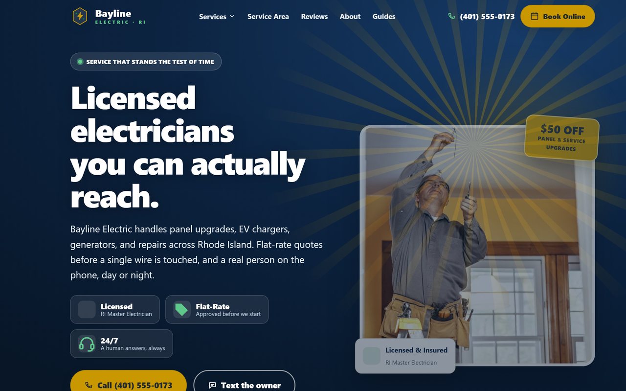 A Rhode Island electrician website built by Rhody Websites in a bold dark layout with a sunburst hero and a book-online button