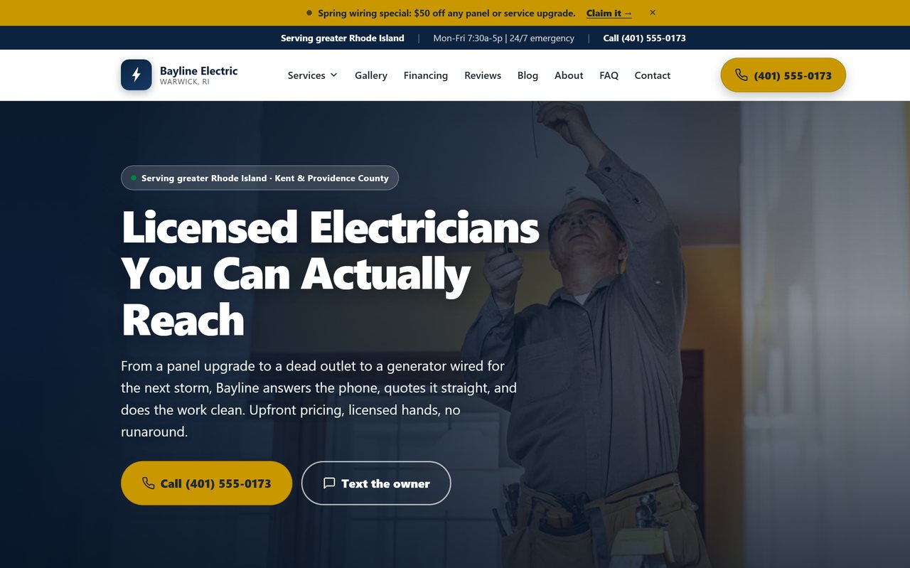 A Rhode Island electrician website built by Rhody Websites in a classic navy and gold layout, with an electrician-at-work hero photo