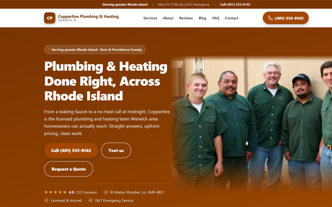 A Rhode Island plumbing and heating website built by Rhody Websites, with a crew photo hero, a call button, and a star rating above the fold