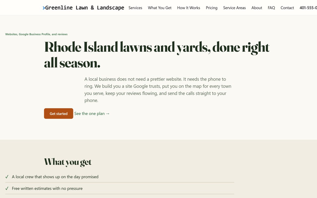 A Rhode Island landscaping website built by Rhody Websites, with a large serif headline in a green and cream palette and a clear what-you-get checklist