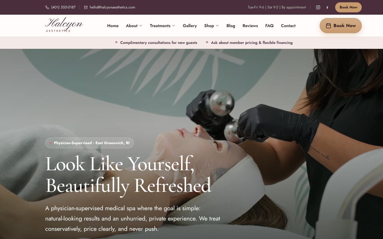 A Rhode Island medical spa website built by Rhody Websites in an elegant serif style, with a treatment-room hero photo and a book-a-consultation button