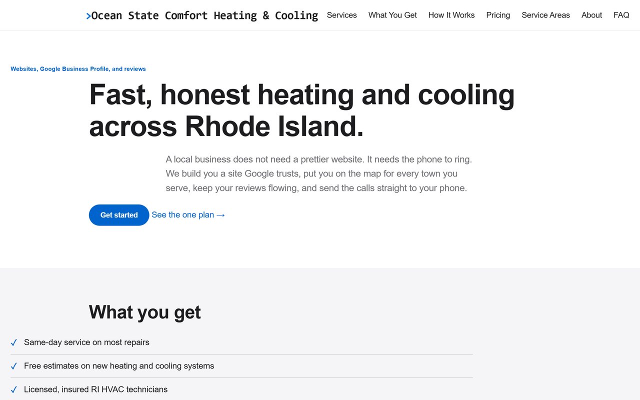 A Rhode Island heating and cooling website built by Rhody Websites, with a bold clean headline, a get-started button, and a what-you-get checklist