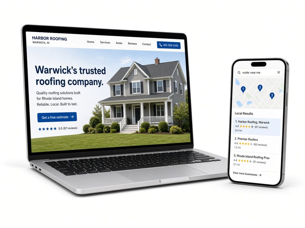 A sample roofing-company website shown on a laptop beside a phone showing that business ranked number one in the Google map pack for a roofer near me search