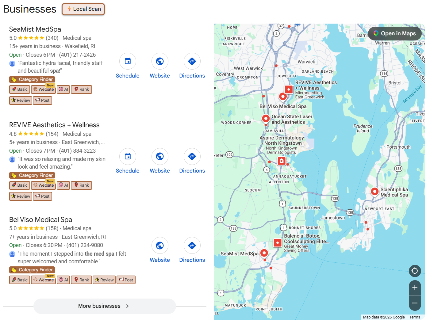 A Rhode Island local search map pack, showing three top-ranked businesses beside the map