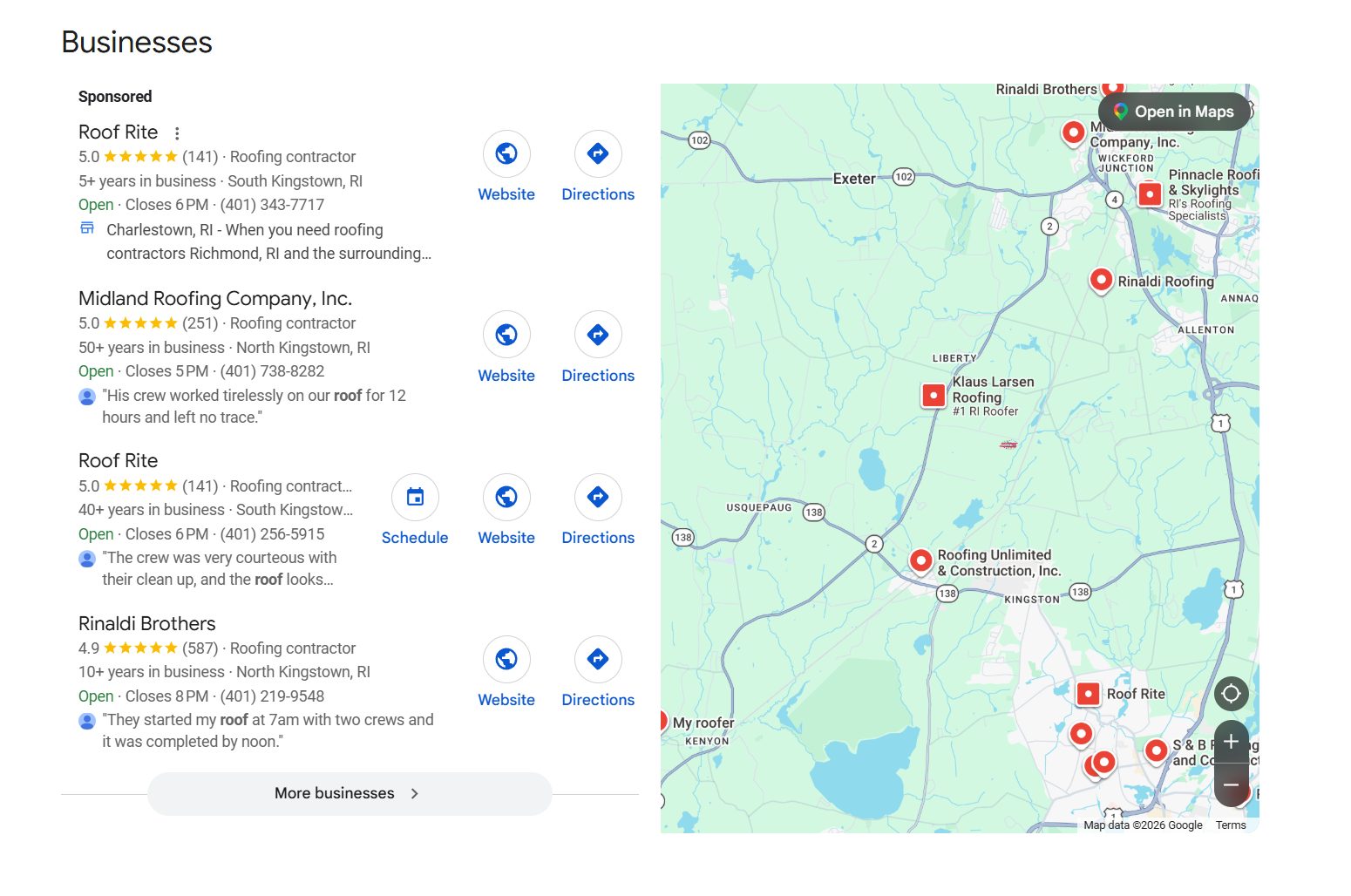 A real Google results page for the search roofer near me in Rhode Island. On the left, a list of roofing companies: a sponsored listing at the top, then three more, each with a star rating, a review count, years in business, a town, opening hours, a phone number and Website and Directions buttons. On the right, a map of southern Rhode Island around Exeter, North Kingstown and Kingston with red pins marking each business, and Google's map data attribution in the bottom corner.