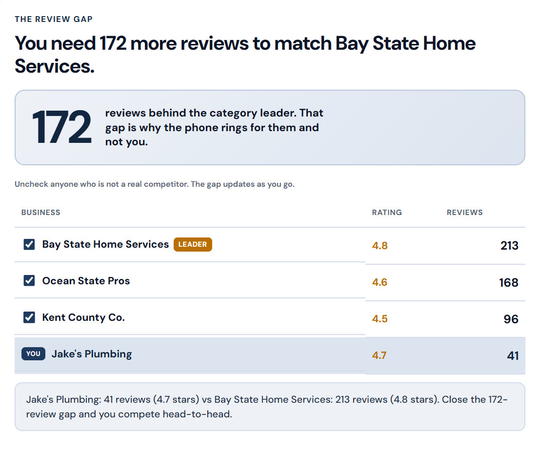 Sample review gap readout. The headline reads you need 172 more reviews to match the category leader. A table lists four businesses with sample names: the leader at 4.8 stars and 213 reviews, a second at 4.6 and 168, a third at 4.5 and 96, and the subject business marked YOU at 4.7 stars and 41 reviews.