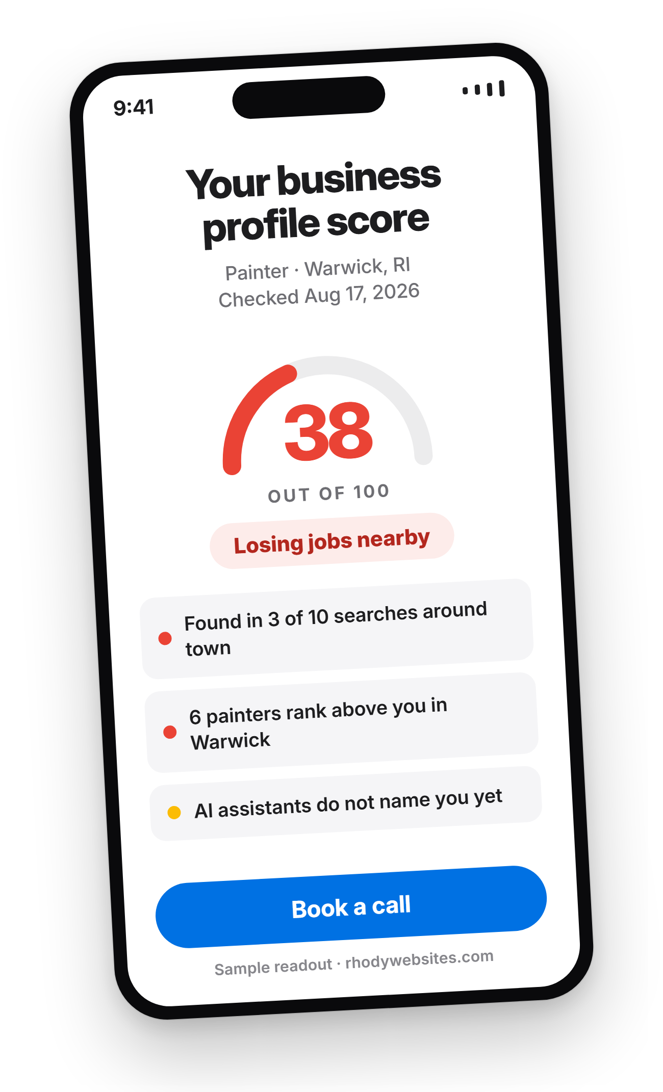 A phone showing a sample Rhody Websites visibility readout: a business profile score of 38 out of 100, found in 3 of 10 nearby searches, with 6 competitors ranking above.