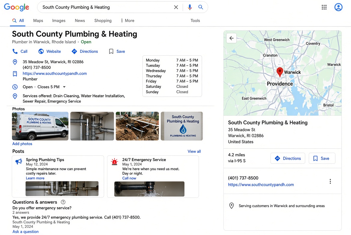 Example of a completed Google Business Profile for a fictional plumbing business