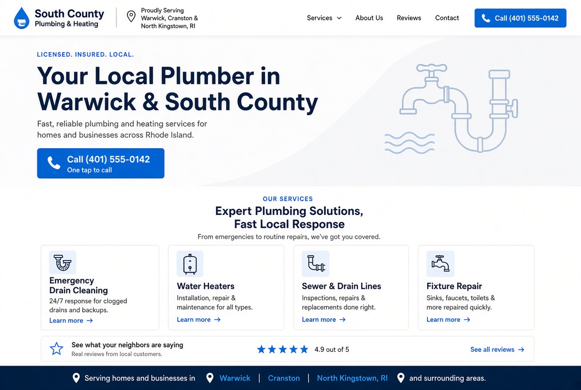 Example homepage for a fictional local plumbing business